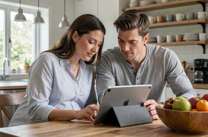 Couple de futurs parents consultant ensemble un site de ressources pour bébé sur une tablette dans une cuisine moderne et lumineuse