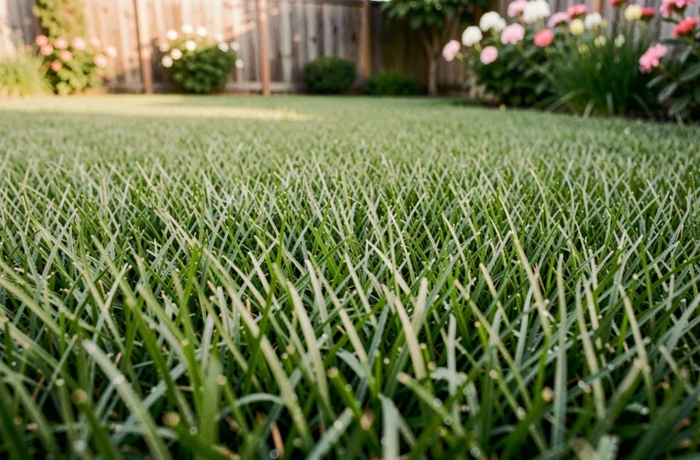 Pelouse en gazon C4 hybride dense et verdoyante dans un jardin résidentiel bien entretenu
