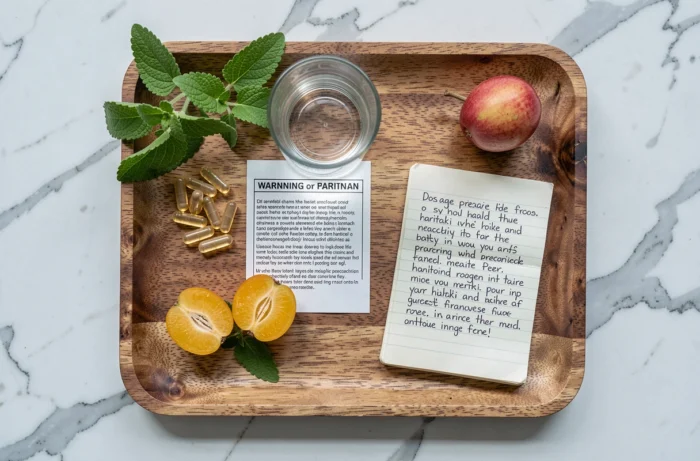 Vue aérienne d'un plateau en bois avec des gélules d'haritaki, un verre d'eau et des notes manuscrites sur les précautions de dosage, posés sur un plan de travail en marbre clair