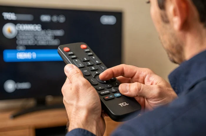 Gros plan sur une main appuyant sur le bouton source d'une télécommande TCL pour sélectionner l'entrée HDMI