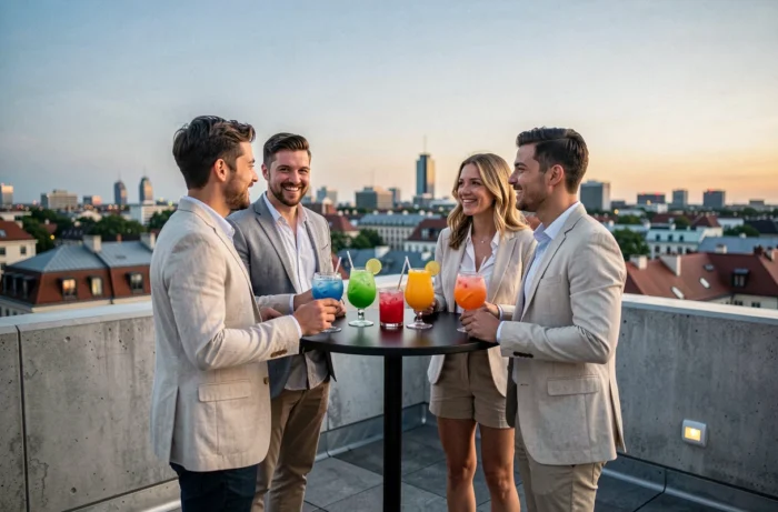 Groupe de jeunes adultes en terrasse rooftop avec cocktails colorés et vue sur skyline urbain