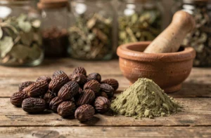 Fruits secs d'haritaki et poudre brune disposés près d'un mortier en céramique sur une surface en bois rustique, illustrant les précautions d'utilisation de cette plante ayurvédique