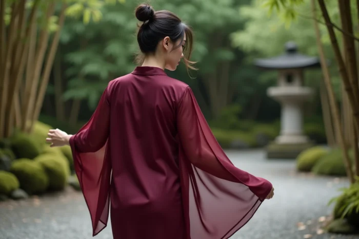 Femme en haut kimono bordeaux aux manches longues et fluides marchant dans un jardin japonais, manches ondulant au vent