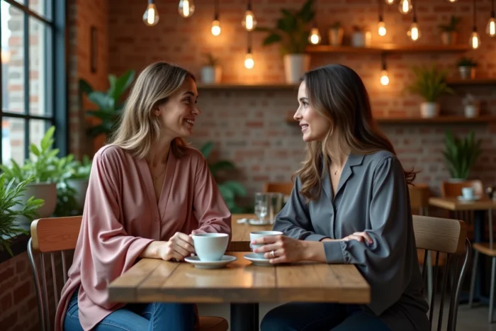 Deux femmes attablées dans un café portant des hauts à manches kimono longues drapées naturellement, illustrant l'élégance quotidienne de cette coupe