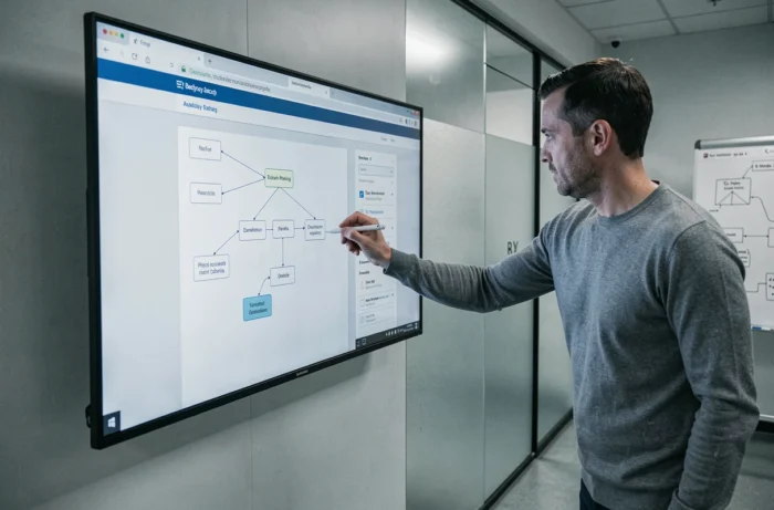 Homme pointant un diagramme d'architecture de site web sur grand écran dans une salle de réunion moderne