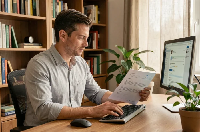 Homme travaillant depuis un bureau à domicile, comparant un modèle de mail imprimé pour changer son adresse email professionnelle