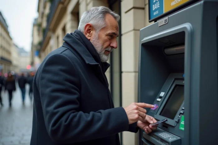 Homme retirant de l'argent au distributeur avec une carte Nickel dans une rue parisienne