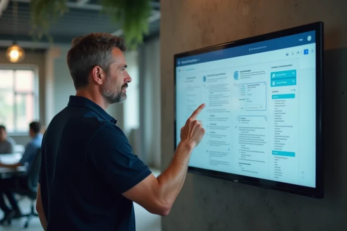 Homme naviguant sur une carte de site interactive sur un grand écran tactile dans un espace de coworking