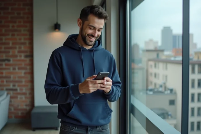 Homme consultant un code promotionnel Zalando sur son smartphone dans un appartement urbain moderne
