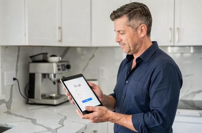 Homme configurant un compte Google Play Store sur une tablette Android dans une cuisine moderne