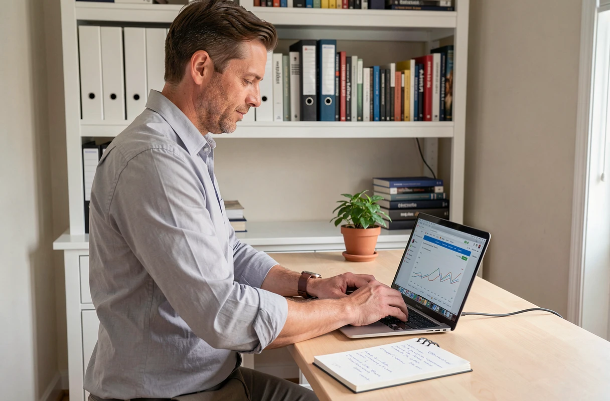 Homme consultant les rubriques financières du site Pôle Finances depuis un bureau à domicile