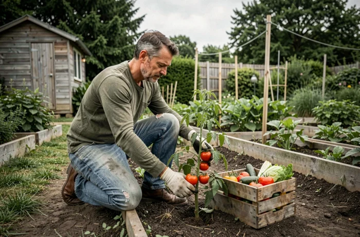 Homme jardinant dans un potager verdoyant, activité de loisir en plein air pour occuper son temps libre