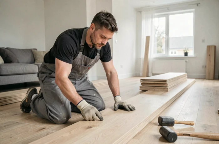 Homme installant un parquet en bois dans un salon moderne lors de travaux de rénovation intérieure
