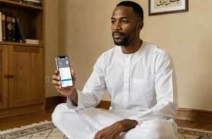 Homme consultant l'heure de prière Fajr sur smartphone à Bordeaux avec application de prières islamiques