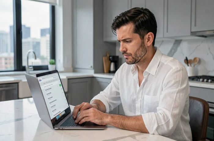 Homme recherchant un particulier sur un annuaire pages blanches en ligne depuis son ordinateur portable