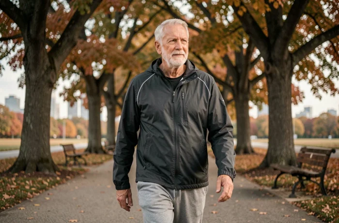 Homme senior actif marchant dans un parc urbain en automne, symbolisant le bien-être et la forme physique chez les seniors