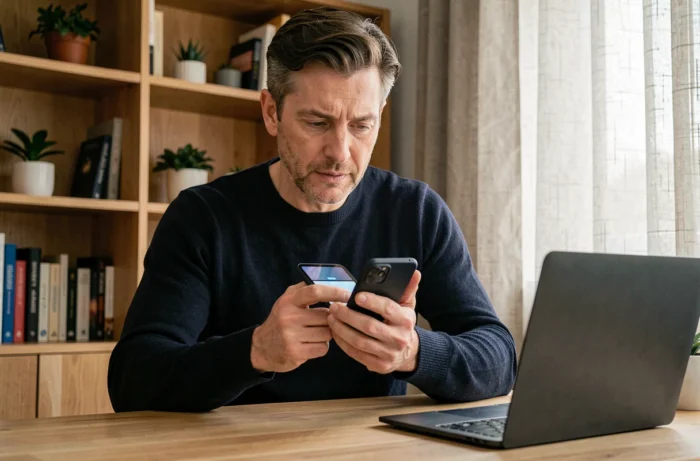 Homme analysant un smartphone pliable innovant dans un bureau à domicile chaleureux, tendances technologiques grand public