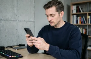 Homme trentenaire examinant un smartphone pliable dernier cri dans un bureau moderne minimaliste, illustration des tendances high-tech