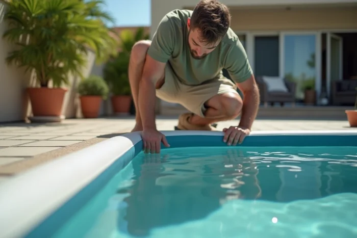 Homme vérifiant le niveau d'eau d'une piscine hors sol gonflable sur une terrasse pavée