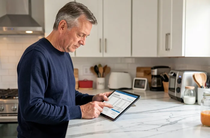 Homme vérifiant un prélèvement d'assurance sur tablette dans sa cuisine