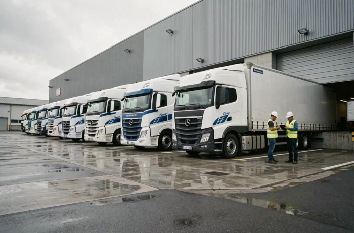 Vue extérieure d'un hub logistique français avec rangée de camions articulés et agents en gilets haute visibilité au quai de chargement