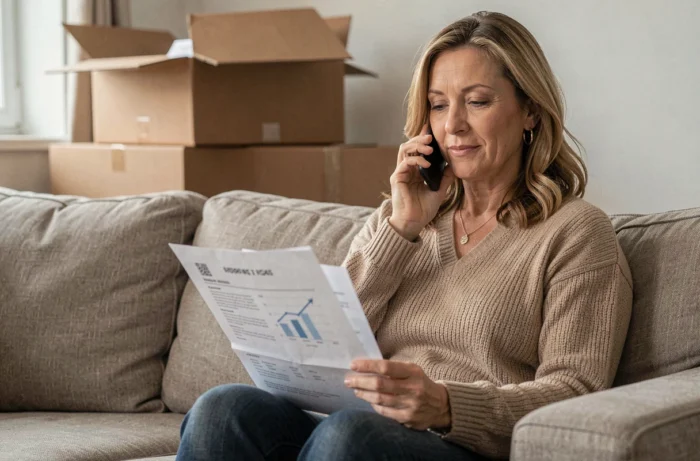 Femme informant son assureur habitation par téléphone dans les quinze jours suivant son déménagement
