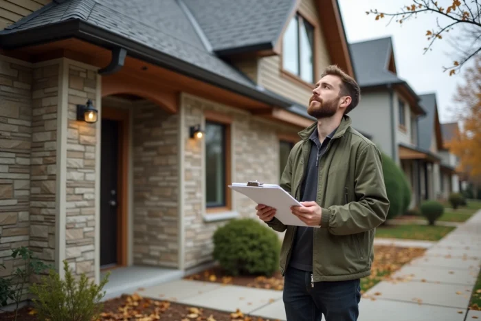 Jeune acquéreur inspectant la façade d'une maison en pierre lors d'une visite immobilière en automne