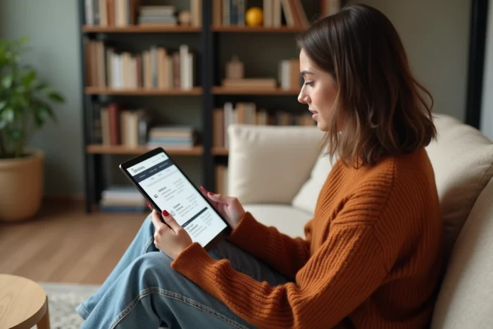 Jeune femme explorant la carte de navigation d'un site web sur une tablette dans un salon confortable