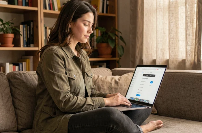 Jeune femme naviguant facilement sur un site professionnel bien structuré depuis son espace de travail à domicile