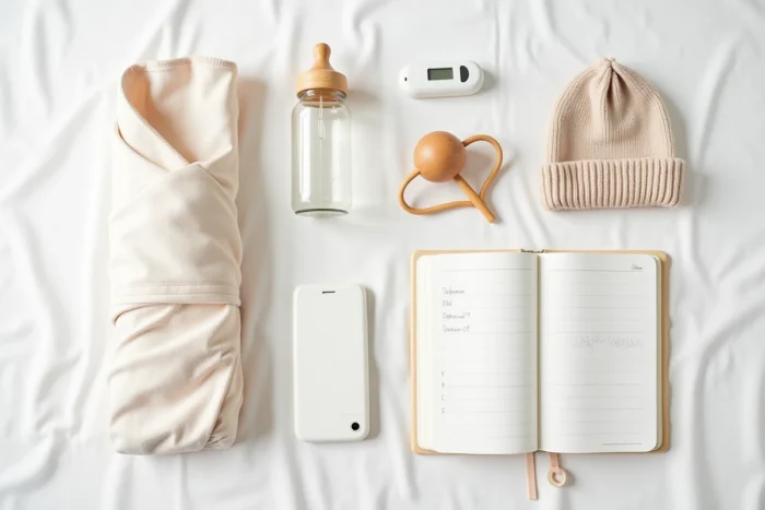 Checklist et liste d'essentiels pour préparer l'arrivée de bébé avec layette, biberon et accessoires newborn posés à plat