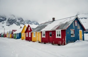 Rangée de maisons colorées traditionnelles au Groenland avec façades rouges, jaunes et bleues sous un paysage enneigé arctique