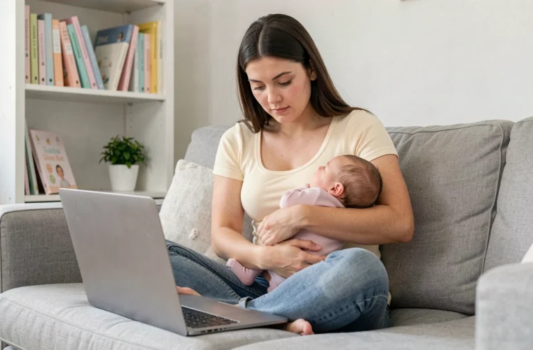 Jeune maman allaitante consultant des ressources en ligne sur un ordinateur portable avec son nouveau-né dans les bras, assise sur un canapé gris dans un salon chaleureux