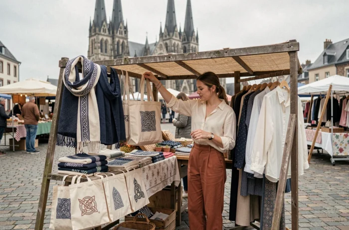 Stand de mode bretonne artisanale sur un marché en plein air à Quimper avec écharpes, sacs en lin et marinières faits main