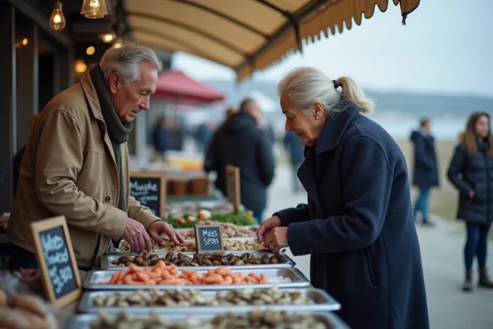 Couple de retraités devant un étal de poissons et fruits de mer frais au marché de Fort-Mahon, avec huîtres et moules de la Baie d'Authie