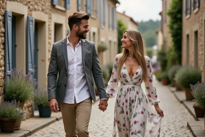 Couple heureux se promenant main dans la main sur les pavés d'un village français pittoresque