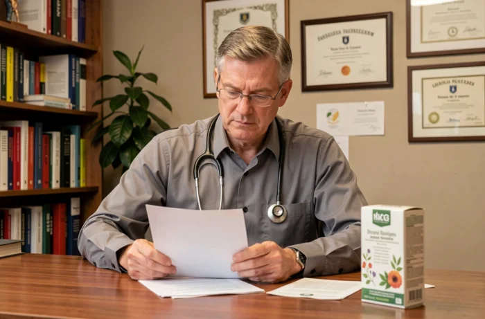 Médecin en consultation analysant des documents sur les contre-indications d'un supplément naturel à base de plantes comme l'Argel 7