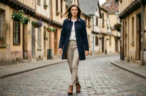 Femme portant une tenue inspirée de la mode bretonne contemporaine dans une rue pavée du vieux Rennes avec façades à colombages