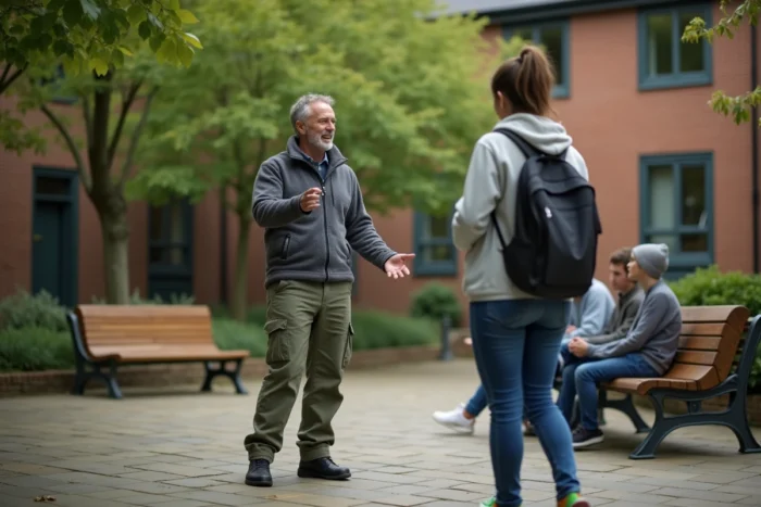 Moniteur éducateur encadrant un groupe de jeunes adultes lors d'une activité extérieure