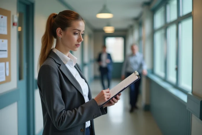 Monitrice éducatrice consultant un dossier dans un établissement médico-social