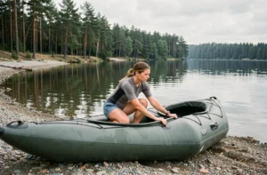 Femme montant dans un kayak gonflable sur une rive rocheuse au bord d'un lac calme, technique d'embarquement étape par étape