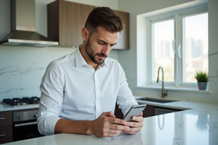 Homme consultant l'application MyFoncia sur smartphone dans une cuisine moderne pour gérer son compte locataire