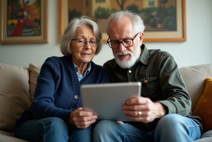 Couple de seniors consultant ensemble l'espace MyFoncia mon compte sur une tablette dans leur salon