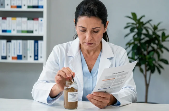 Une naturopathe en blouse blanche examine un flacon de poudre d'haritaki lors d'une consultation, soulignant l'importance des précautions médicales avant la consommation de cette plante