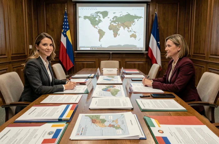 Deux diplomates négociant un accord de convention fiscale bilatérale dans une salle de réunion institutionnelle