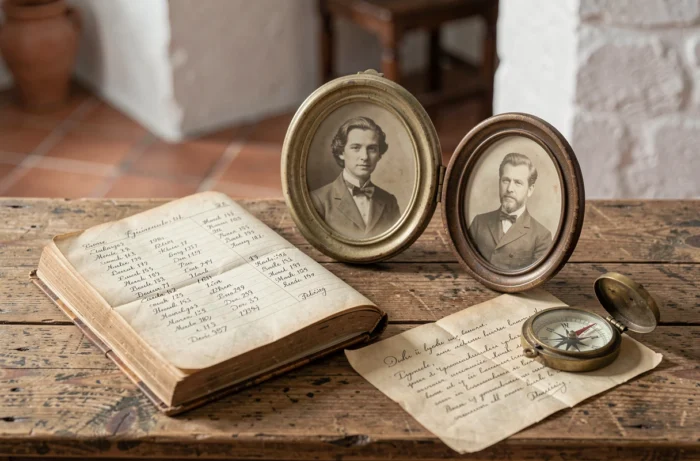 Objets anciens évoquant les origines familiales : livre généalogique, photographie sépia, lettre jaunie et boussole sur bois rustique