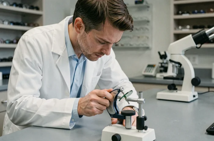 Opticien mesurant l'épaisseur d'un verre de lunettes avec un frontofocométre en laboratoire optique