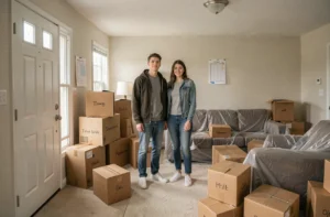 Couple entouré de cartons étiquetés dans un appartement en cours de déménagement