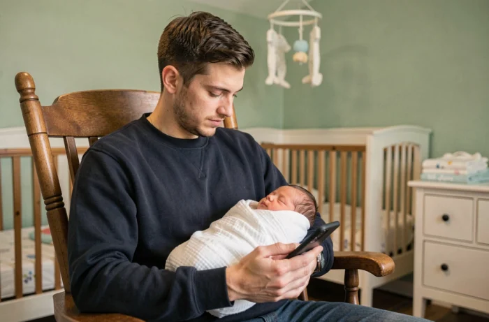 Jeune père lisant des conseils parentaux sur son smartphone en tenant son nouveau-né endormi dans une chambre de bébé décorée avec soin