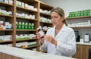 Pharmacienne examinant attentivement un flacon de supplément à base de plantes dans une pharmacie moderne, illustrant les précautions liées à l'Argel 7