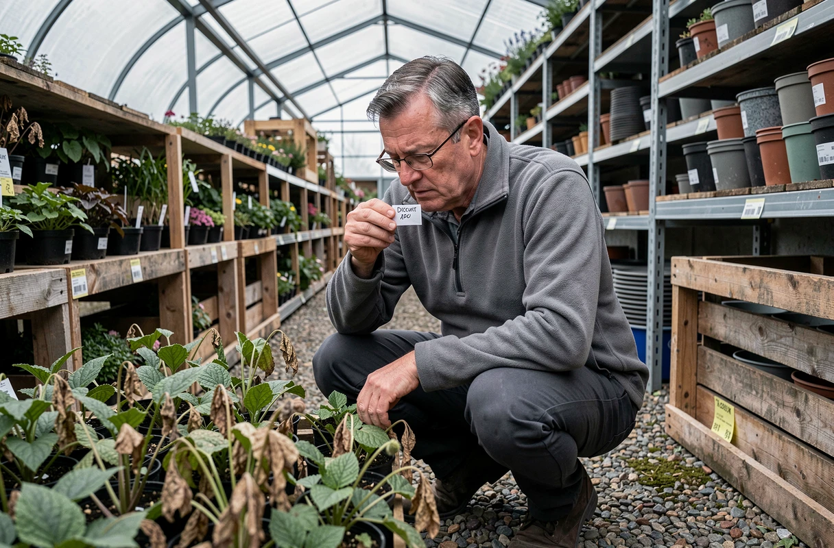 Homme inspectant des plantes en promotion dans le rayon déstockage d'une jardinerie